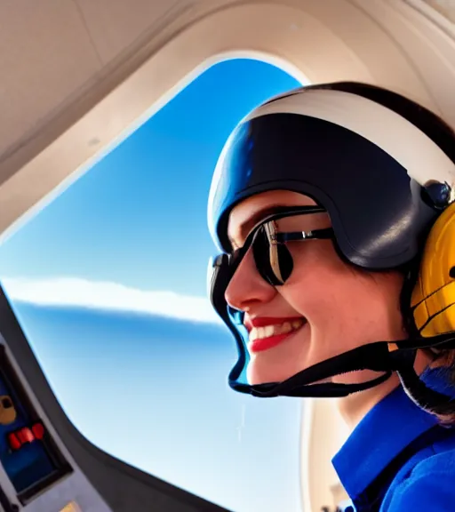 Prompt: a young woman, pilot helmet on, pilot a airplane, blue sky, composition