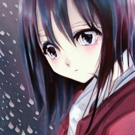 Image similar to 1 7 - year - old anime goth girl, black hair, long bob cut, long bangs, gothic coat, long bangs, united kingdom, rainy day, small town, midlands, english village, street scene, ultra - realistic, sharp details, cold lighting, blue and gray colors, intricate details, subsurface scattering, hd anime, 2 0 1 9 anime