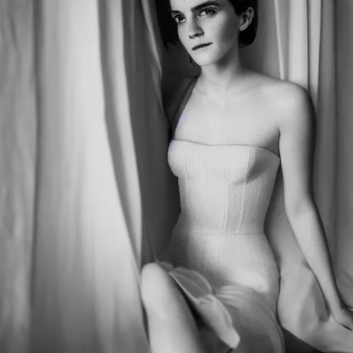 Image similar to elegant portrait of emma watson looking at the camera, pinup, boudoir, 35mm film, Porta 400, f/1.8 portrait