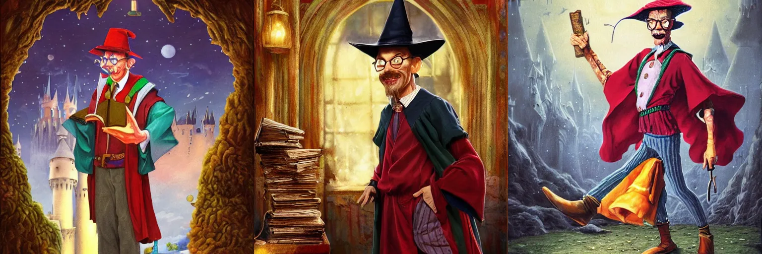 Prompt: Rincewind as a jumpy, cowardly professor in Hogwarts School of Witchcraft and Wizardry, detailed, hyperrealistic, colorful, cinematic lighting, digital art by Paul Kidby, J.Dickenson’