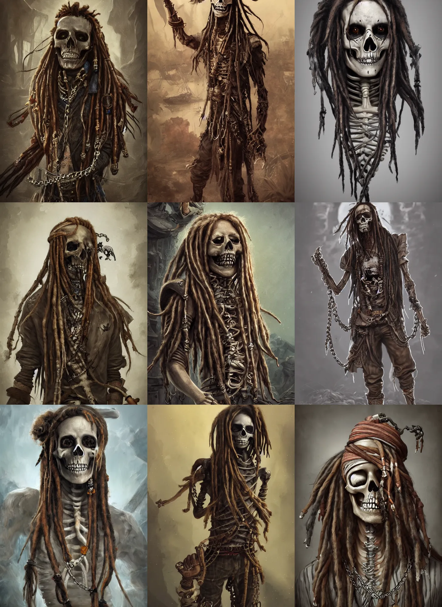 Prompt: Dreadlock skeleton Pirate with ragged clothes fantasy, intricate, elegant, highly detailed, digital painting, artstation, concept art, addiction, chains, smooth, sharp focus, illustration, art by Ilja Repin, octane render, RPG_portrait