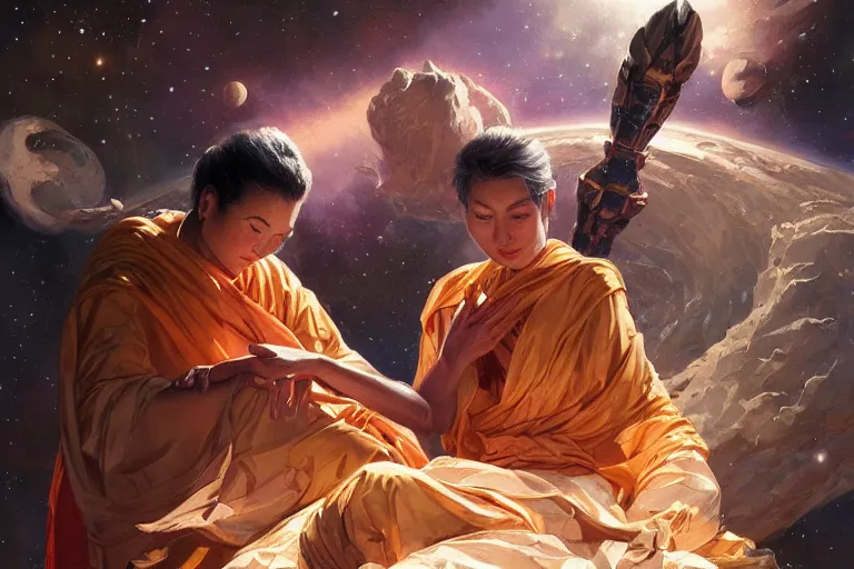 Image similar to space, buddhism, taoism, painting by greg rutkowski, j. c. leyendecker, artgerm