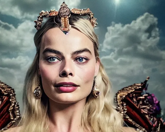 Image similar to Margot robbie as a goddess in heaven, Photography, Cinematic, Portrait, insanely detailed and intricate, hypermaximalist, elegant, ornate, hyper realistic, super detailed