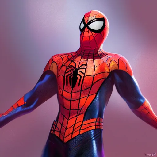 Image similar to concept render of an orange and red and purple and pink baby spiderman by cedric peyravernay and leon tukker