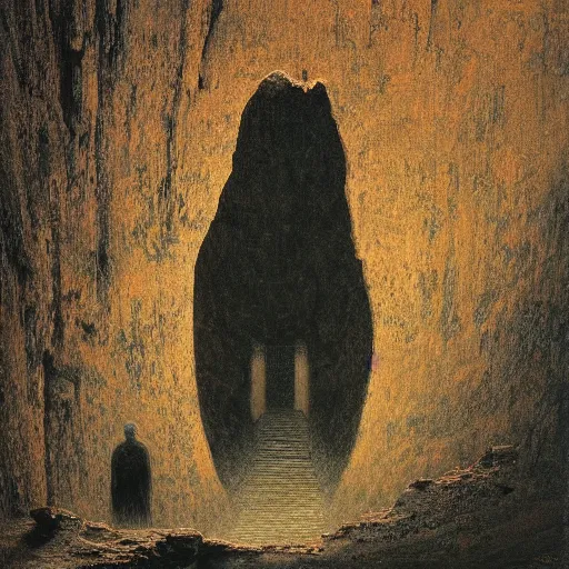 Prompt: an explorer standing in an ancient city inside a cave, by Beksinski and Lauire Lipton