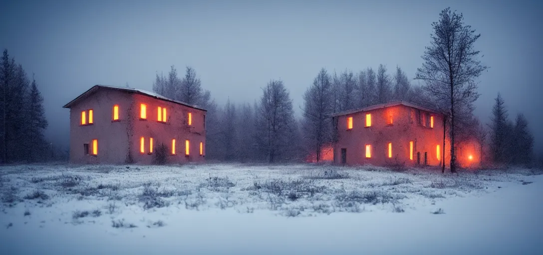 Image similar to landscape, soviet military, abandoned, lifeless, house near forest, dark, winter evening, snowing, strong, blizzard, atmospheric, mystical, very detailed 4 k