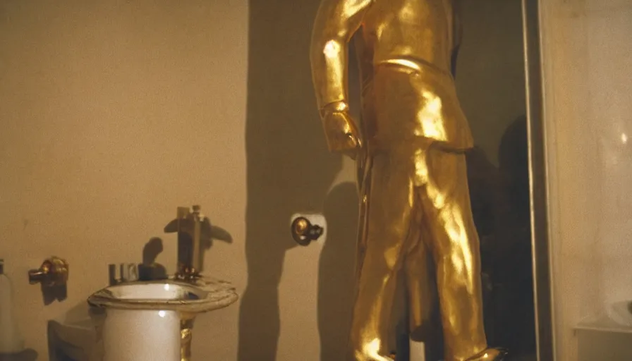 Prompt: movie still by tarkovsky portrait of a gold statue of lenin in the bathroom, cinestill 8 0 0 t 3 5 mm, heavy grain, high quality, high detail