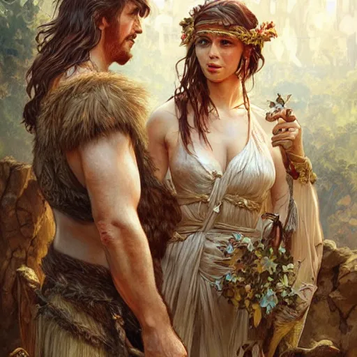 Image similar to Neanderthal wedding, historically accurate, highly detailed, highly detailed, digital painting, artstation, concept art, smooth art, sharp focus, illustration, art by artgerm and greg rutkowski and alphonse mucha and loish and WLOP