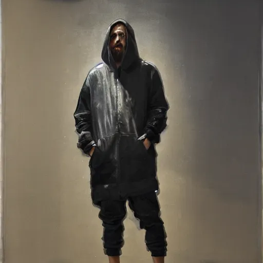 Prompt: a full body portrait of modern day jesus wearing hypebeast streetwear hoodie and pants by nicola samori, oil painting, realistic, 8 k, fear of god style