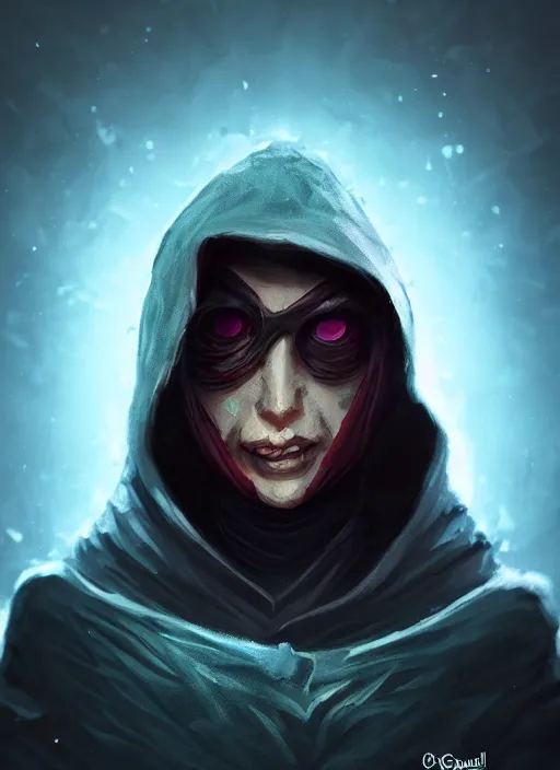 Prompt: scared rogue, wearing cloak and hood, portrait in the style of craola, macro lens, shallow depth of field, highly detailed, digital painting, trending artstation, concept art, illustration, cinematic lighting, vibrant colors, photorealism, epic, octane render, magic the gathering artwork, centered