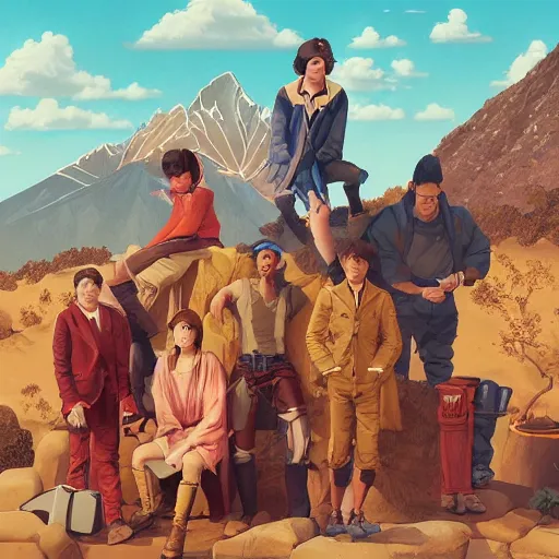 Prompt: a beautiful scenic painting of a group of adventurers by artgerm and wlop and wes anderson and spike jonze