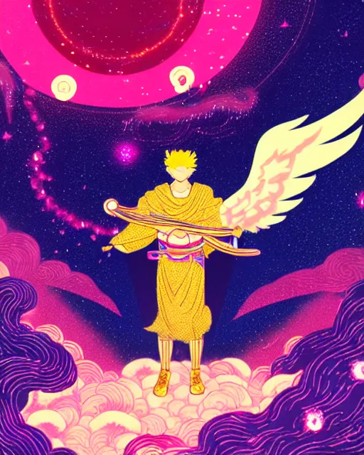 Image similar to a character portrait of a male angel with golden fiery wings, surrounded by spiriling sparkling rose crystals and galaxies, hyper light drifter, ukiyo - e trending on artstation