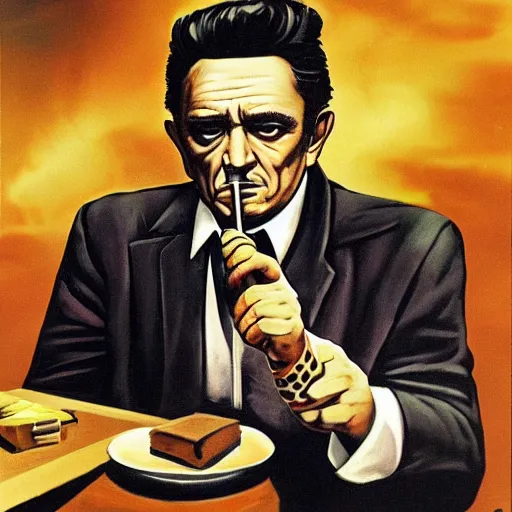 Prompt: johnny cash smoking a cigar in apocalypse city. surrealism style.