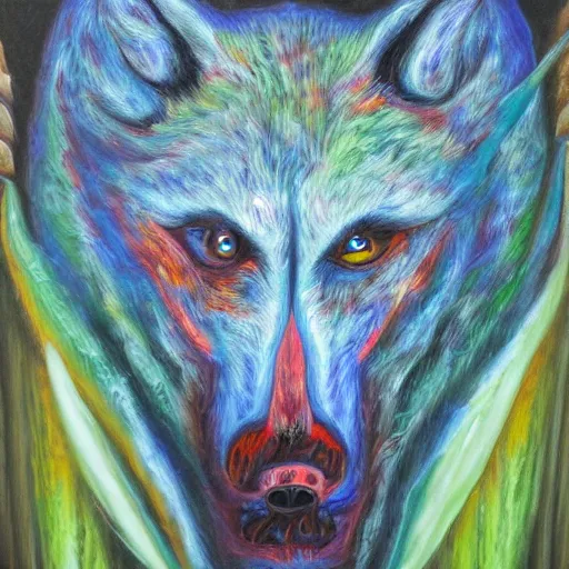 Prompt: an anthromorphic wolf robot using crack, by amanda clark in a psychedelic style, oil on canvas