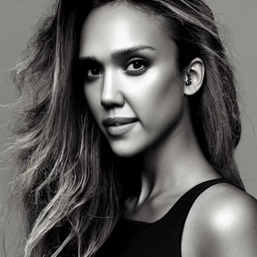 Image similar to model face photo of jessica alba as super saiyan powering up long hair by annie leibovitz