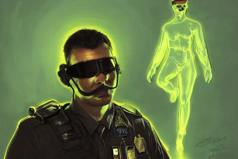 Image similar to Extremely funny portrait of a glowing translucent body glowing male police officer wearing cool shades. Green fluorescent aura around the officer, wide angle, magic, green fire, darkness, dramatic lighting, Africa, intricate, wild, highly detailed, digital painting, artstation, concept art, smooth, sharp focus, illustration, art by artgerm and greg rutkowski and alphonse mucha, footage from space camera