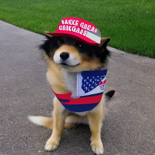 Image similar to doge wearing a make america great again cap