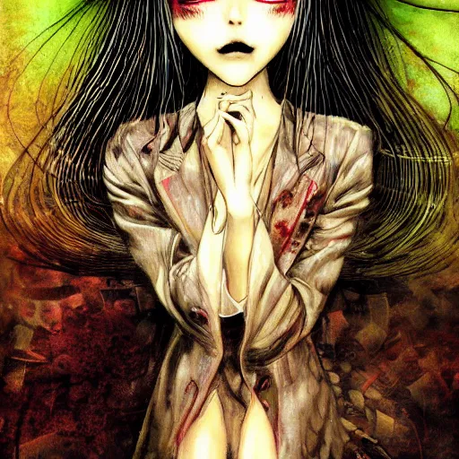 Prompt: yoshitaka amano realistic photo of a sinister anime girl with big eyes and long white hair wearing dress suit with tie and surrounded by abstract junji ito style patterns in the background, blurred and dreamy photo, noisy film grain effect, highly detailed, oil painting with expressive brush strokes, weird portrait angle