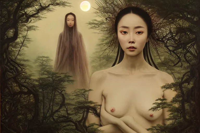 Image similar to wuxia, forest, moonlight, gemma chen, madison beer, pinup, intricate beautiful faces, painting by agostino arrivabene, vanessa beecroft, anka zhuravleva, mary jane ansell, peter mohbacher, gerald brom