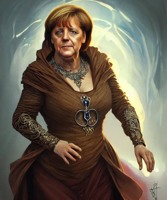 Image similar to angela merkel as a fantasy magic woman portrait, sci - fi, amber eyes, face, long hair, fantasy, intricate, elegant, highly detailed, artstation, concept art, sharp focus, art by artgerm and greg rutkowski and alphonse mucha