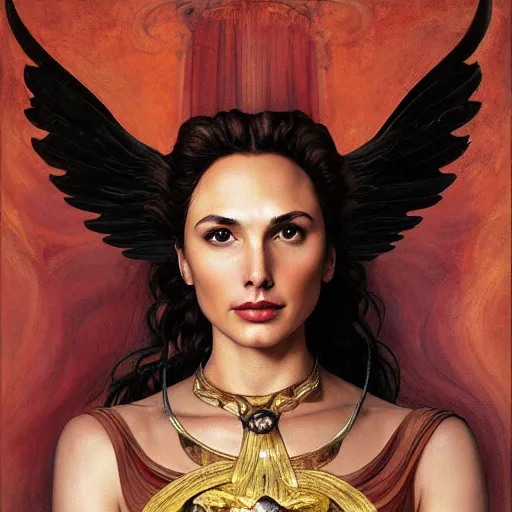 Prompt: Full body oil painting of the beautiful goddess Gal Gadot as Artemisa, she is wearing roman clothes and a surreal jewelry, her hair is natural disheveled, she is approaching heaven over the clouds, naturalism, dramatic lighting, high-detailed oil painting by Ilya Repin, Michelangelo da Caravaggio, William Blake, Alex Grey and Beksinski, trending on Artsation, hystorical painting, naturalism, masterpiece, 4k, 8k,