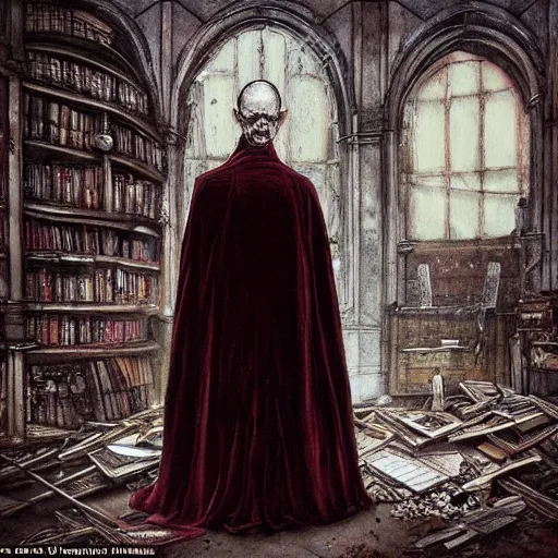 Prompt: a hyperrealistic portrait painting of an ancient vampire wearing a velvet cape, in a derelict library, by santiago caruso, highly detailed,