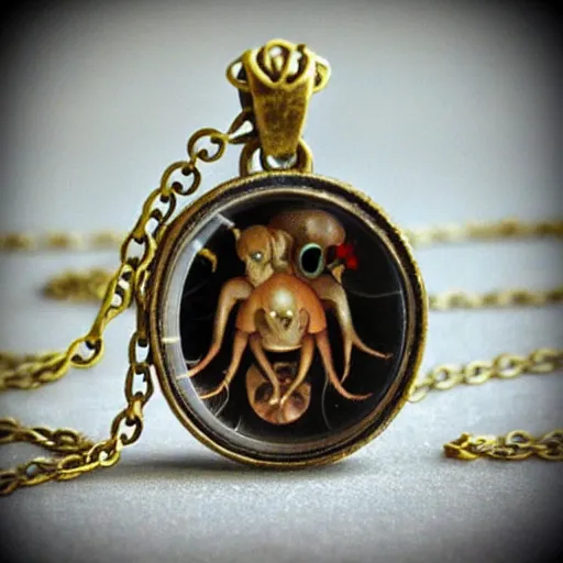 Prompt: artnouveau necklace hieronymus bosch monster creatures as an artnouveau necklace