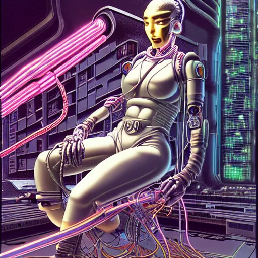 Image similar to a detailed airbrush cyberpunk illustration of a female android seated on the floor in a tech labor, seen from the side with her body open showing cables and wires coming out, by masamune shirow, hajime sorayama, boris vallejo and katsuhiro otomo, japan, 1980s, dark, colorful