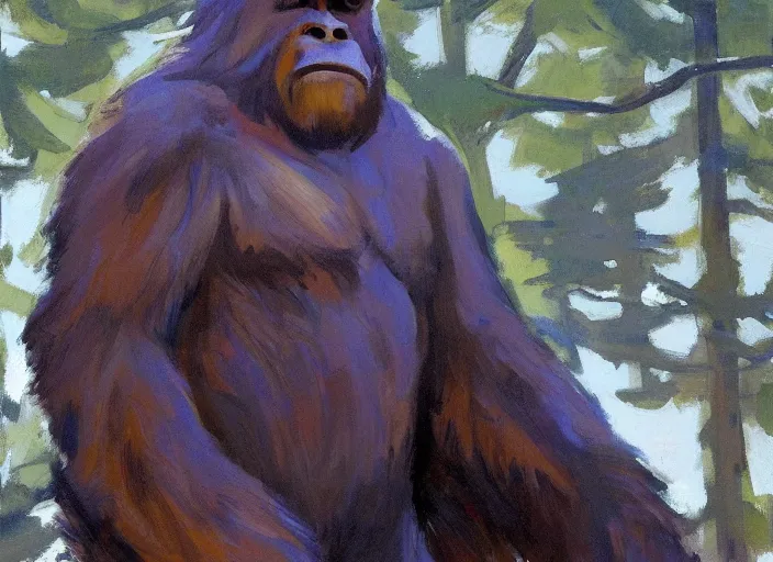 Prompt: a highly detailed beautiful portrait of bigfoot by gregory manchess, james gurney, james jean