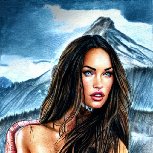 Image similar to realism tattoo sketch of double exposure megan fox, on beautiful mountain scenery, in the style of andrey lukovnikov