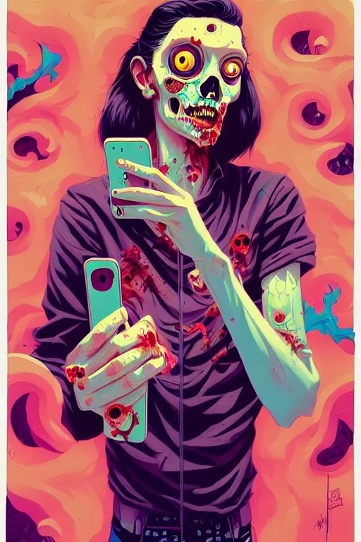 Image similar to a zombie teenager staring at their phone, tristan eaton, victo ngai, artgerm, rhads, ross draws