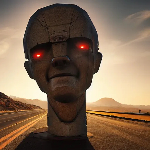 Image similar to Giant half-robotic head of David Copperfield with wheels running on a californian highway, rays of light, particles light, kuvshinov ilya, unreal engine, by sasha kalinkin