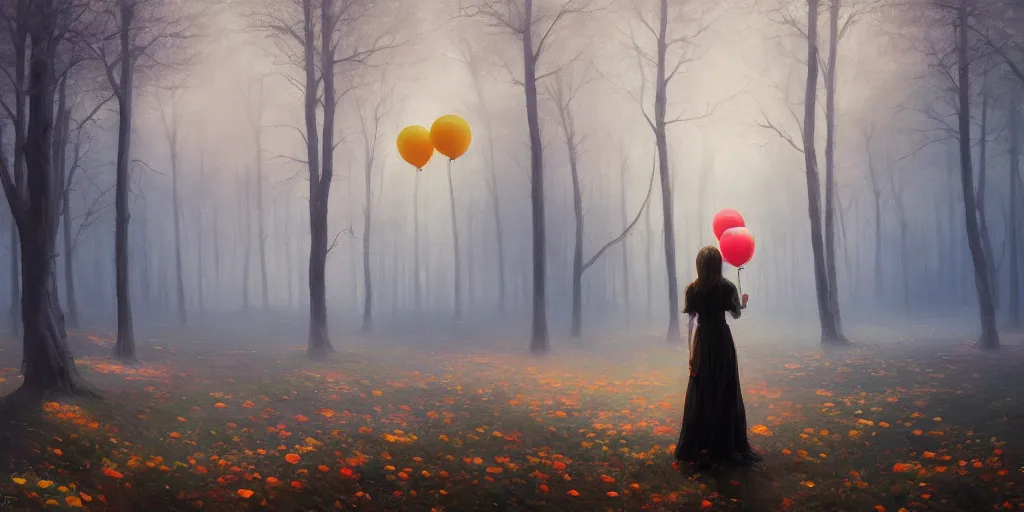 Prompt: beautiful oil painting of girl holding black and blue balloons in a spooky forest back facing, painted by mike winkelmann, james gurney, thomas kinkade, colorful, 4k,Trending on artstation