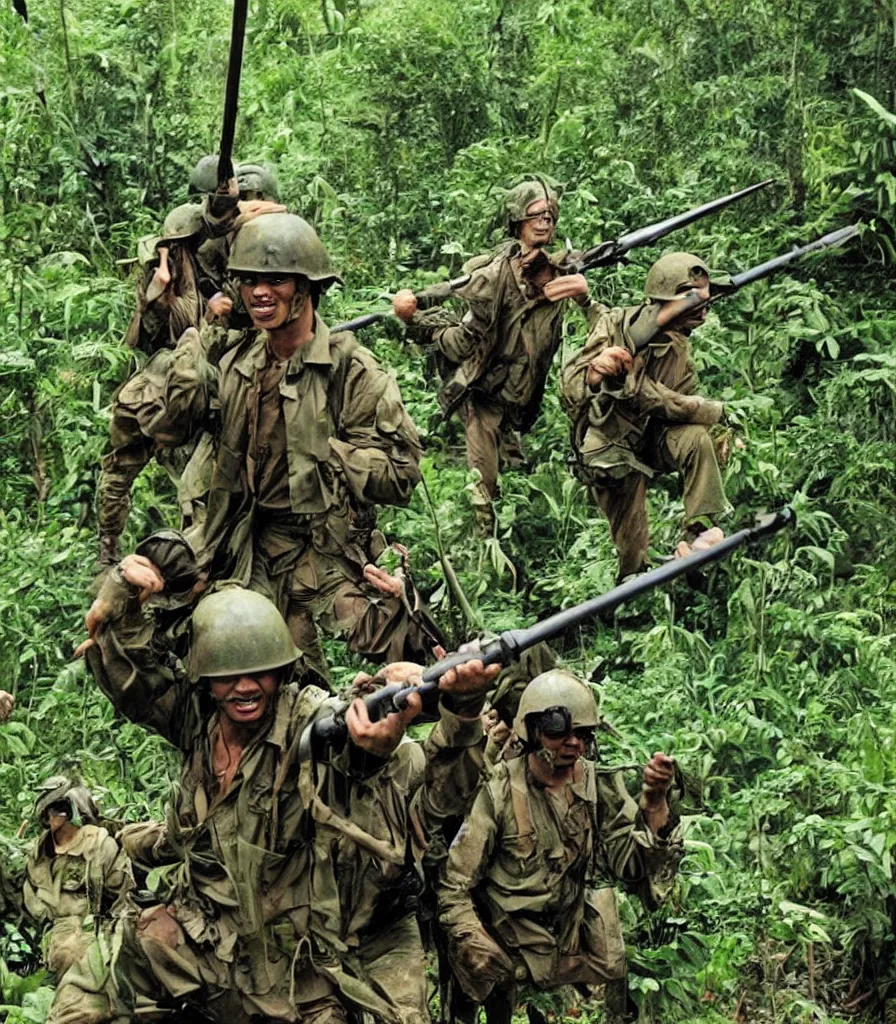 Prompt: vietnam war helicopter soldiers rain jungle in the style of frank miller