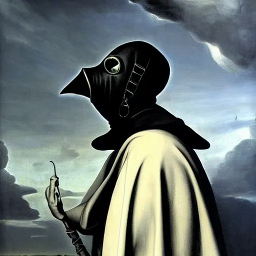 Image similar to medieval plague doctor under the cloudy sky apocalyptic deviant art dark art caravaggio