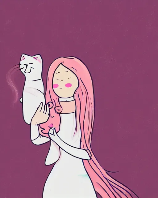 Prompt: a portrait of a young woman with very long pink hair undulating on the wind, light brown eyes, slightly chubby, pale skin, pretty, cute, holding a white cat. adventure time style