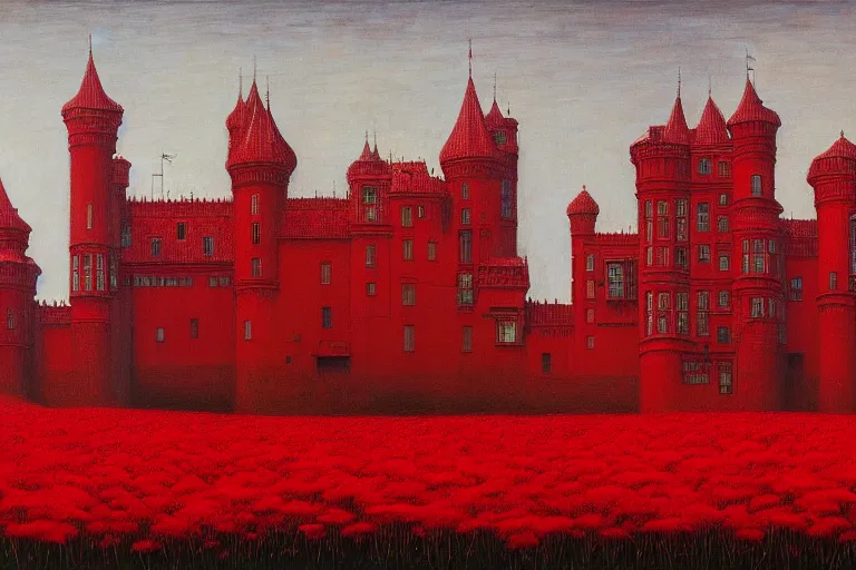 Image similar to only with red, red flowers of different types, red castle in background, red medieval goblins, in the style of beksinski, parts by edward hopper, parts by rodcenko, parts by yue minjun, intricate and epic composition, red by caravaggio, insanely quality, highly detailed, masterpiece, red light, artstation, 4 k