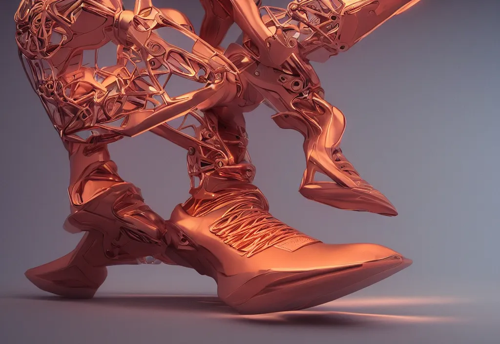 Image similar to futuristic sneaker with neon illuminated rubber soles and soft orange laces on a grey surface, clean 3 d render, beautiful studio lighting, soft, sharp focus, cyberpunk, intricate detail, gold and red filigree, soft rubber, octane render, trending on artstation, deviantart, art by iris van herpen and syd mead and mucha