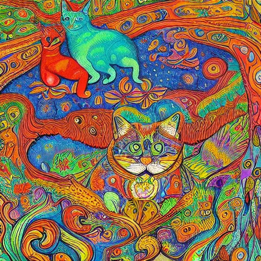 Image similar to psychedelic cat in the style of louis wain, detailed matte painting, 8k