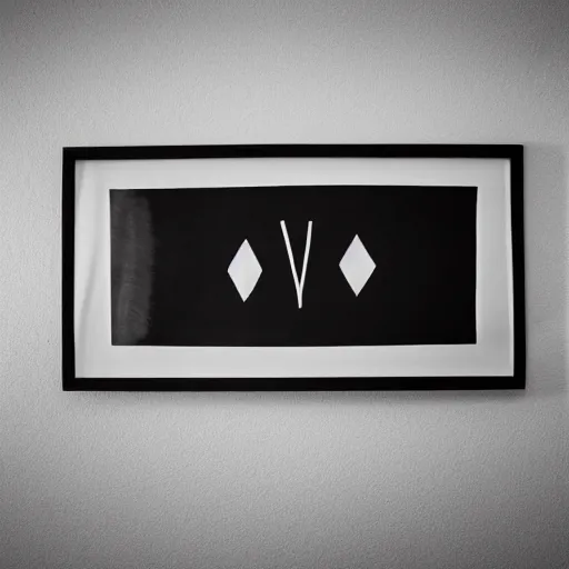 Prompt: professional photograph of a black plate hanging in the middle of a white wall, tribal symbols painted behind, black an white, depth of field, dark illumination