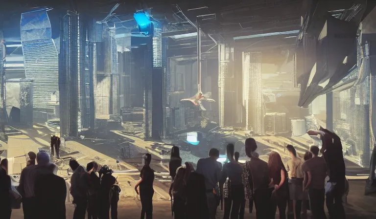 Image similar to group of people in simple warehouse, looking at hologram of futuristic city on a table, cinematic concept art, godrays, golden hour, natural sunlight, 4 k, clear details, tabletop model buildings, center model buildings, hologram center, crane shot, crane shot, crane shot