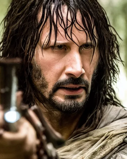 Prompt: Keanu Reevez in the role of Aragorn, film still, amazing short, 8K, IMAX, ultra detailed