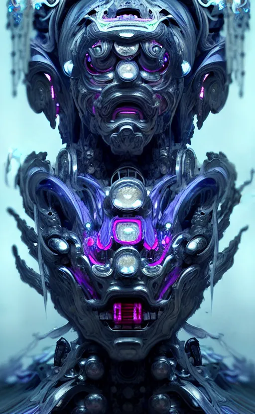 Image similar to oimmortal beast from chinese mythology, ghost, gorgeous and huge head ornaments, dystopian, cyberpunk, organic fractal mycelum and fungi, mecha, halfturn portrait of a big crystal face made of crystals half - turn, ominous, intricate, studio, art by anthony macbain + greg rutkowski + alphonse mucha, concept art, 4 k, sharp focus