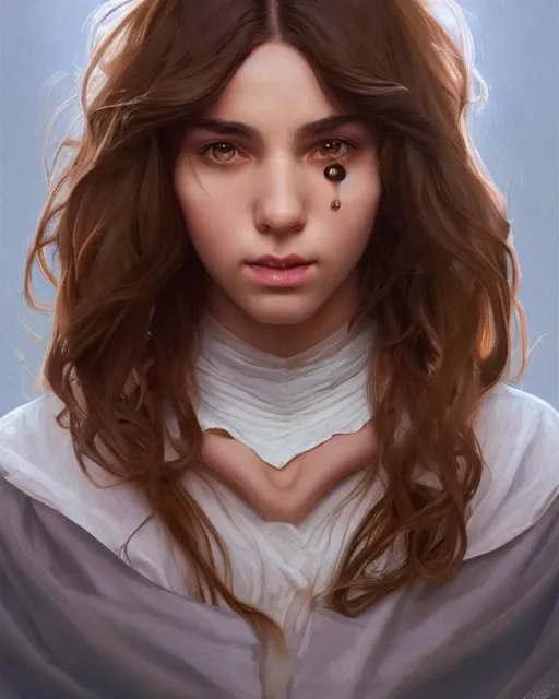 Image similar to symmetry!! portrait of 1 5 - year - old girl with voluminous bushy brown hair, large front teeth, and bright piercing brown eyes, highly detailed, digital painting, artstation, concept art, smooth, sharp focus, illustration, art by artgerm and greg rutkowski and alphonse mucha