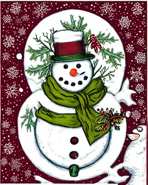 Prompt: traditional victorian snowman illustration greeting card design in maroon and moss green inspired by walter crane, intricately detailed with ultra - hd focus, exquisite, on flat matter crisp paper