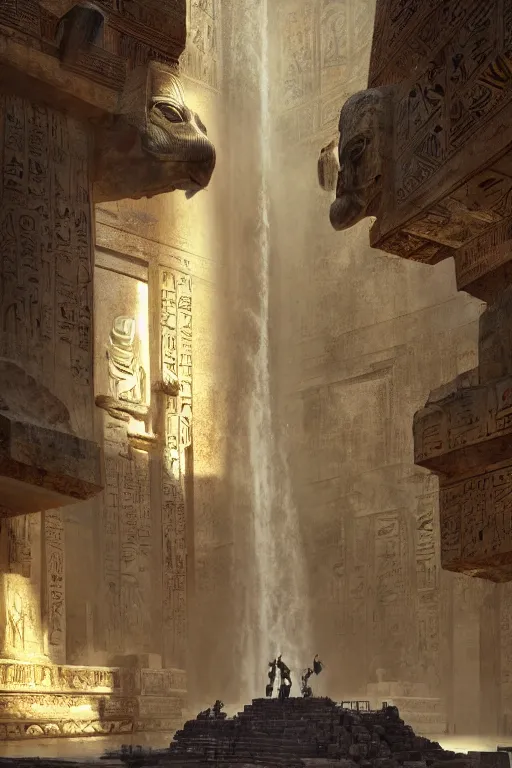 Prompt: looking up at ancient egyptian ruins interior, waterfall, huge statues, intricate, elegant, vivid colors, highly detailed, john park, craig mullins, sparth, ruan jia, jeffrey catherine jones