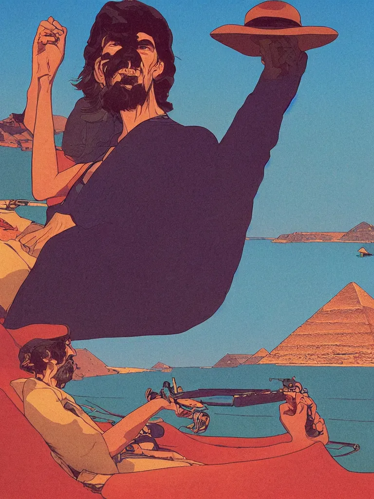 Image similar to a closeup portrait of george harrison taking mind altering drugs, a blotter paper of lsd acid and dreaming psychedelic hallucinations in the vast landscape of egypt, by kawase hasui, moebius, edward hopper, colorful flat surreal design, dramatic lighting, hd, 8 k, artstation