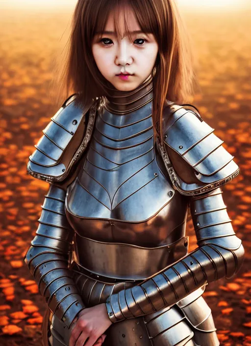 Prompt: a masterpiece hyperrealistic ultradetailed fullbody photograph of a lifelike real human anime girl wearing medieval plate armor, during autumn, cute, k - pop, rough skin pores texture, desaturated, photoreal image, made by wlop, photoreal, overrendered, blender, unreal engine, extremely detailed, trending on artstation, sharp focus, 4 k