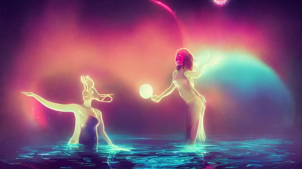 Image similar to one beautiful whimsical goddess standing in a lake basking in the moonlight, underneath a multi-colored binary blackhole with an accretion disc, glowing trails following her arms, synthwave, by Lois van Baarle, by Greg Rutkowski, by artgerm, by beeple, by studio ghibli, cinematic angle, volumetric lighting, 4k resolution, octane render, trending on artstation, masterpiece