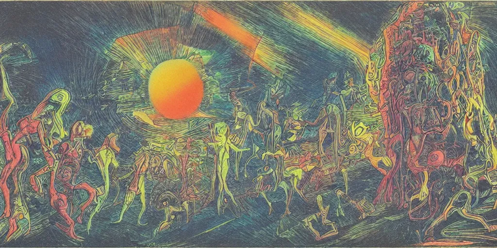 Image similar to dawn of creation; first atom; beings of light and darkness; ethereal plane. Bright neon VaporWave colors. illustrated by maurice sendak and Stephen Gammell and jean dubuffet